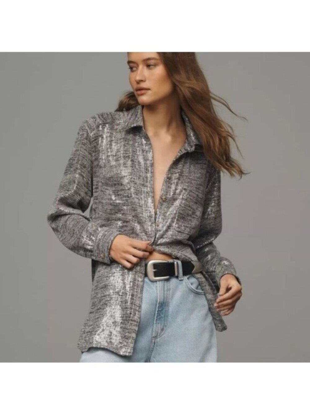 Anthropologie Pilcro Hadley Relaxed Buttondown Shirt MP Shine Silver Sequin